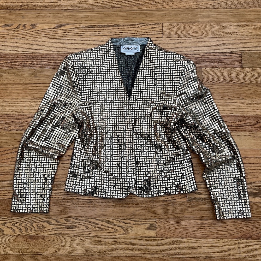 80s Gold Metallic Sequin V-Neck Open Blazer Blouse Top